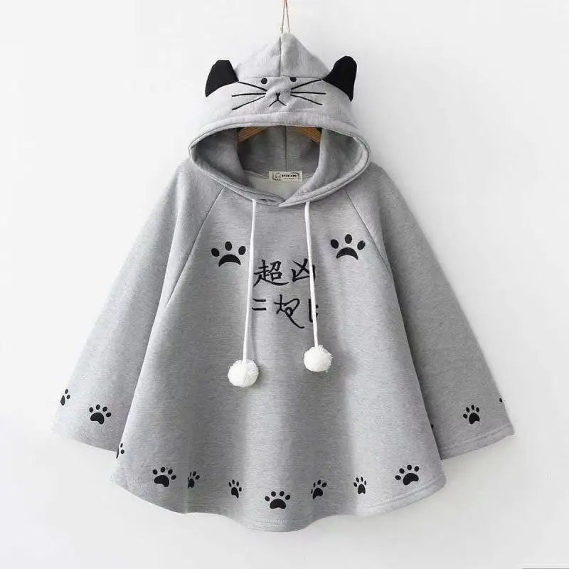 Lolita Cloak Harajuku Hoody Cloak Japanese Christmas Women Sweetshirts Fleece Cape Loose Pullover Batwing Sleeve Hoodie Coat