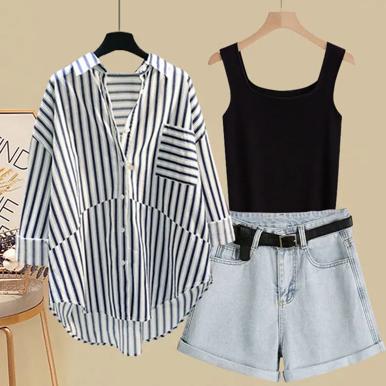 Spring and Summer Suit Women's 2023 New Korean Version Sunscreen Shirt Vest Slimming Versatile Denim Shorts Three-piece Set