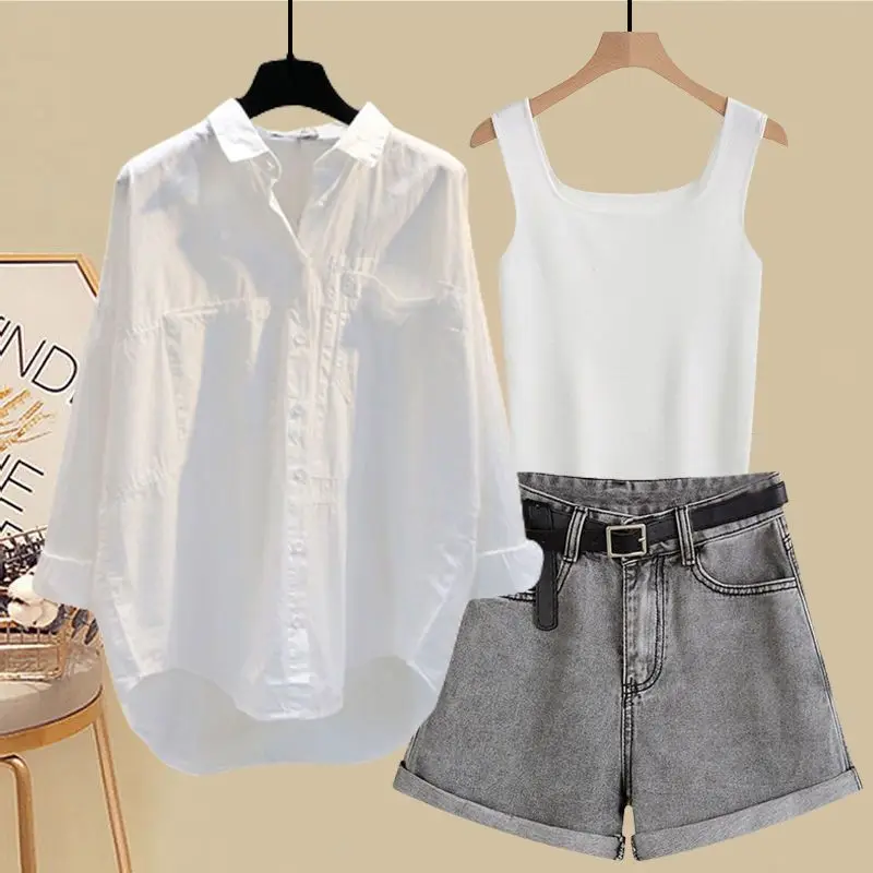 Spring and Summer Suit Women's 2023 New Korean Version Sunscreen Shirt Vest Slimming Versatile Denim Shorts Three-piece Set