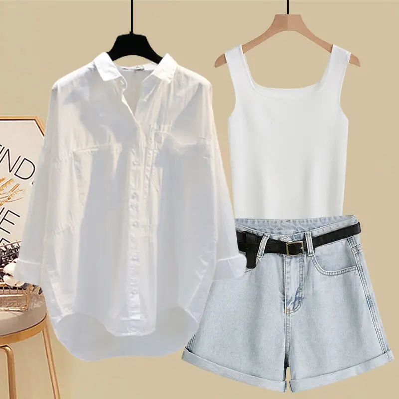 Spring and Summer Suit Women's 2023 New Korean Version Sunscreen Shirt Vest Slimming Versatile Denim Shorts Three-piece Set