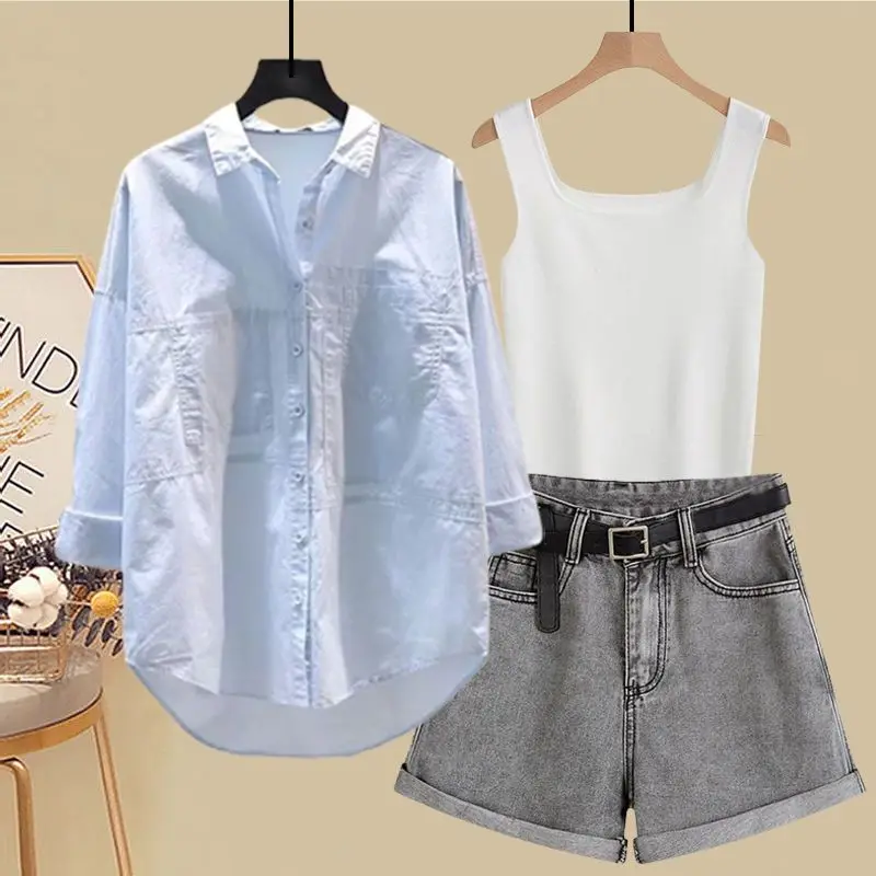 Spring and Summer Suit Women's 2023 New Korean Version Sunscreen Shirt Vest Slimming Versatile Denim Shorts Three-piece Set