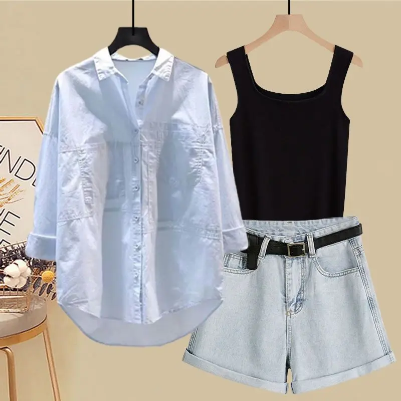 Spring and Summer Suit Women's 2023 New Korean Version Sunscreen Shirt Vest Slimming Versatile Denim Shorts Three-piece Set