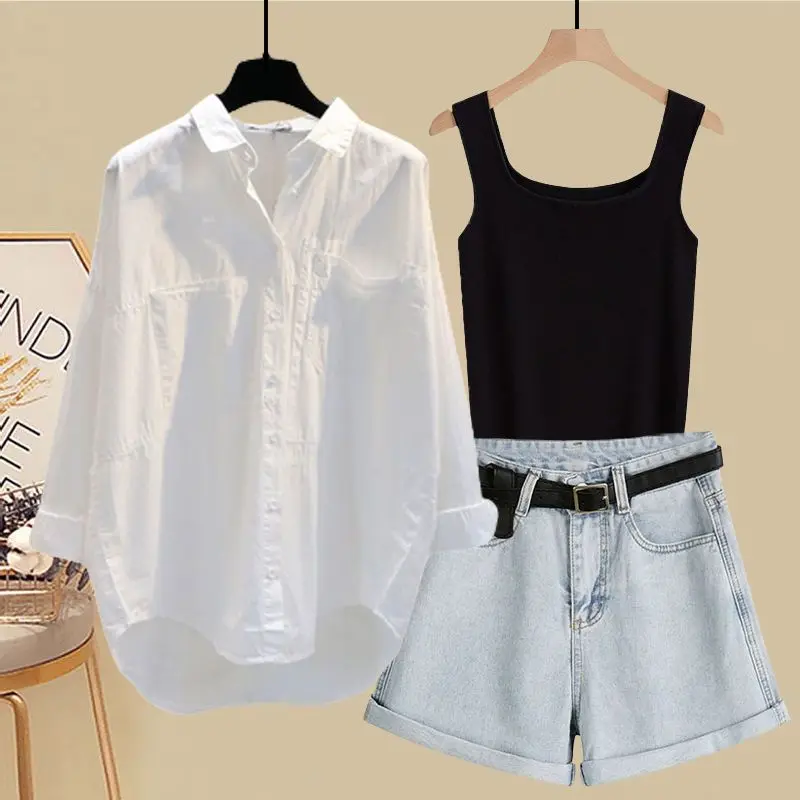 Spring and Summer Suit Women's 2023 New Korean Version Sunscreen Shirt Vest Slimming Versatile Denim Shorts Three-piece Set