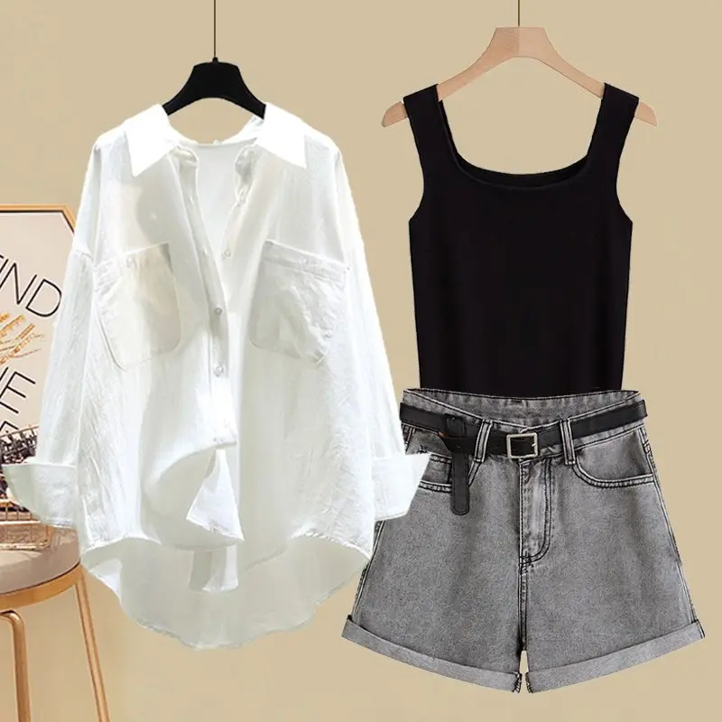 Spring and Summer Suit Women's 2023 New Korean Version Sunscreen Shirt Vest Slimming Versatile Denim Shorts Three-piece Set