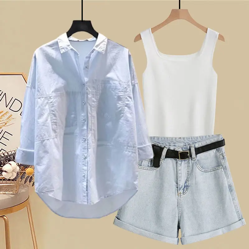 Spring and Summer Suit Women's 2023 New Korean Version Sunscreen Shirt Vest Slimming Versatile Denim Shorts Three-piece Set