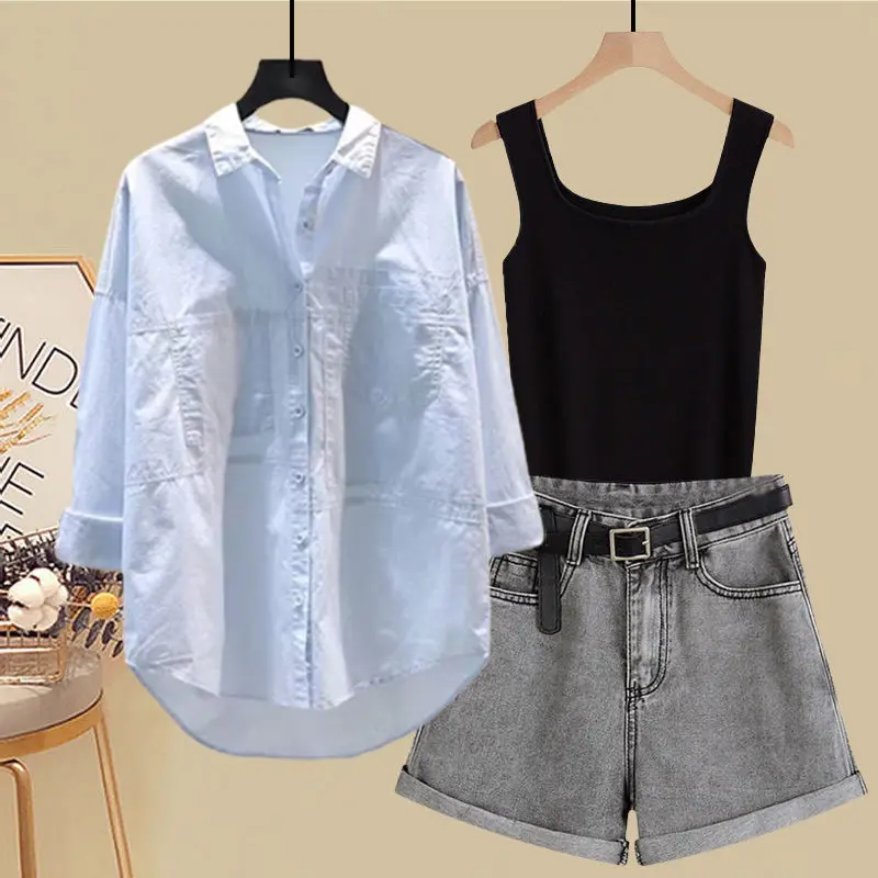 Spring and Summer Suit Women's 2023 New Korean Version Sunscreen Shirt Vest Slimming Versatile Denim Shorts Three-piece Set