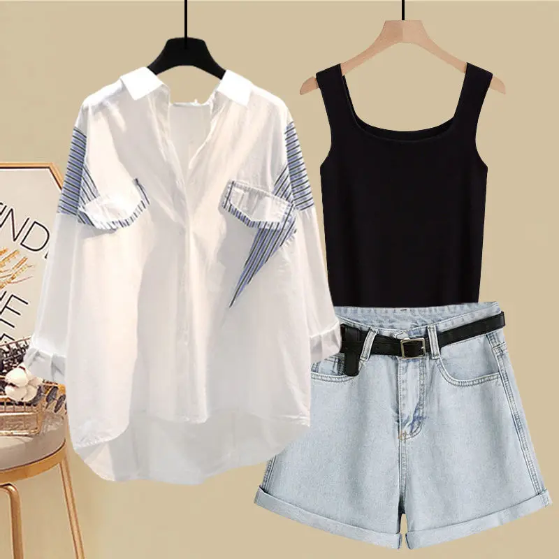 Spring and Summer Suit Women's 2023 New Korean Version Sunscreen Shirt Vest Slimming Versatile Denim Shorts Three-piece Set