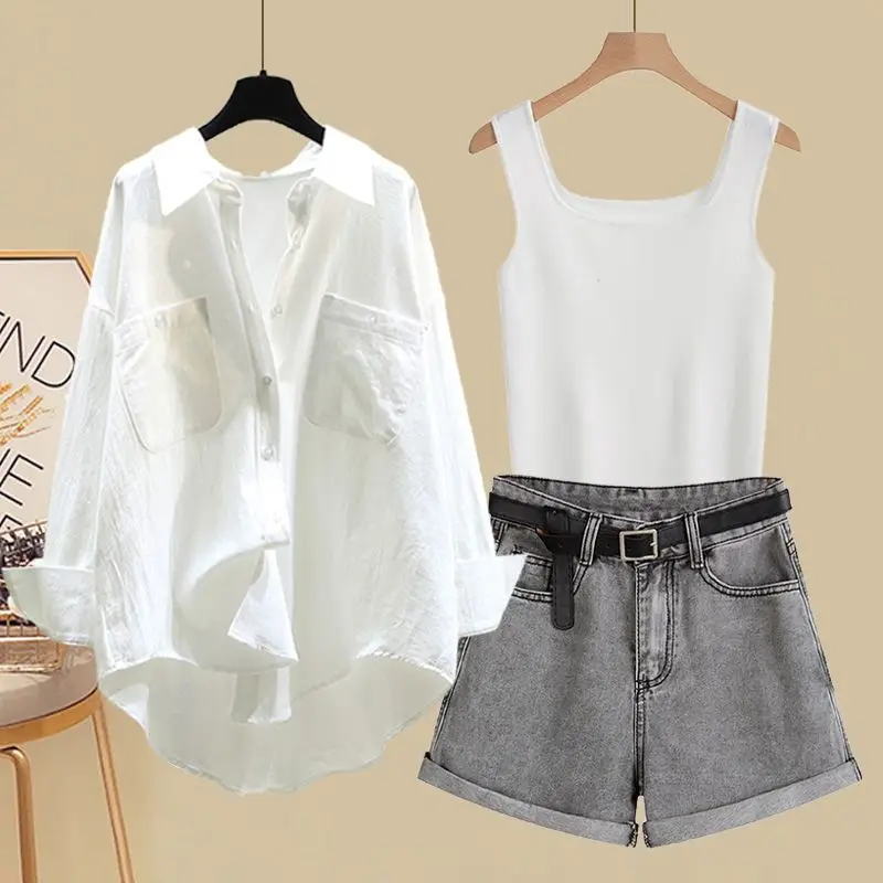 Spring and Summer Suit Women's 2023 New Korean Version Sunscreen Shirt Vest Slimming Versatile Denim Shorts Three-piece Set
