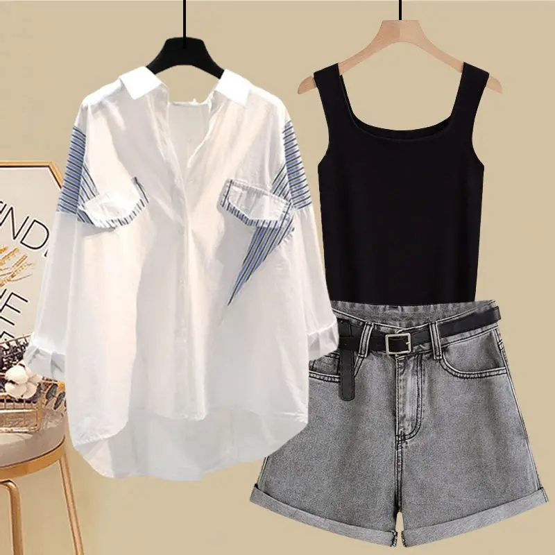 Spring and Summer Suit Women's 2023 New Korean Version Sunscreen Shirt Vest Slimming Versatile Denim Shorts Three-piece Set