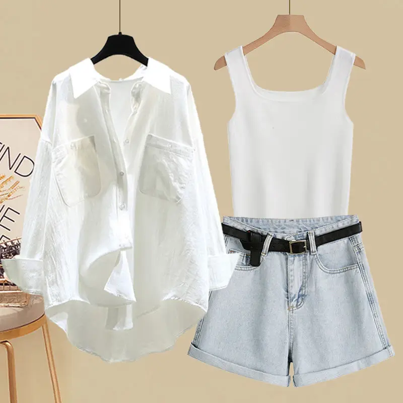 Spring and Summer Suit Women's 2023 New Korean Version Sunscreen Shirt Vest Slimming Versatile Denim Shorts Three-piece Set