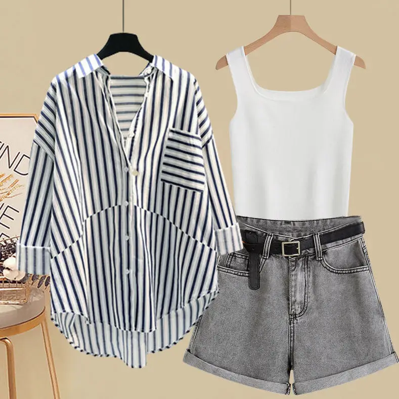 Spring and Summer Suit Women's 2023 New Korean Version Sunscreen Shirt Vest Slimming Versatile Denim Shorts Three-piece Set