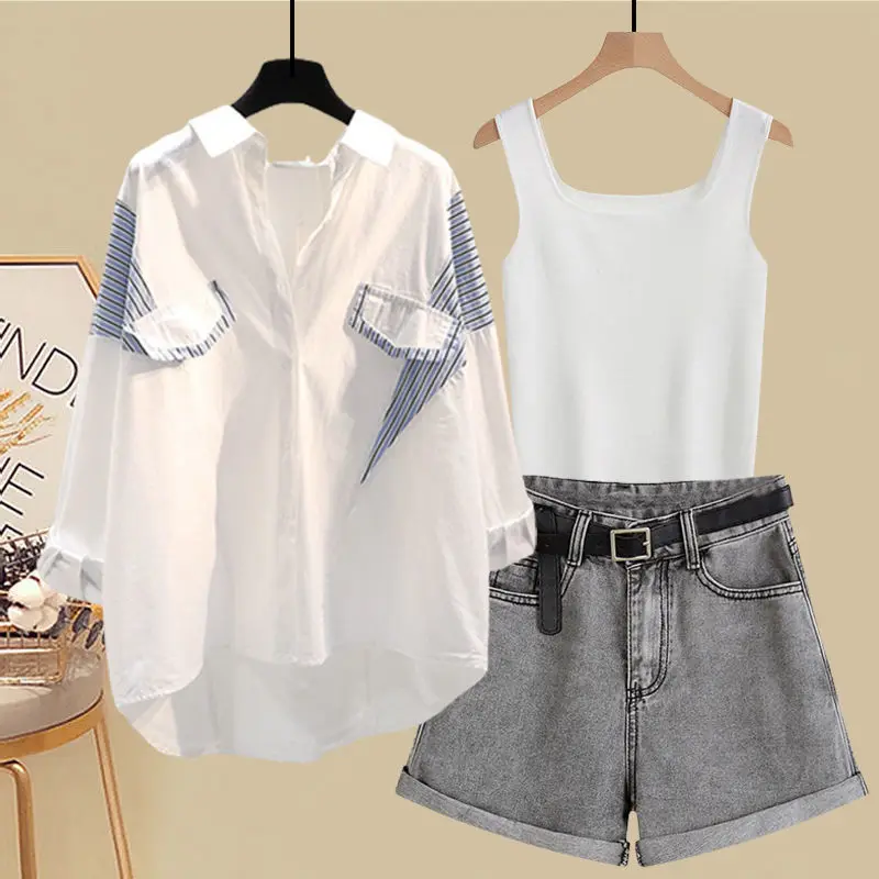 Spring and Summer Suit Women's 2023 New Korean Version Sunscreen Shirt Vest Slimming Versatile Denim Shorts Three-piece Set