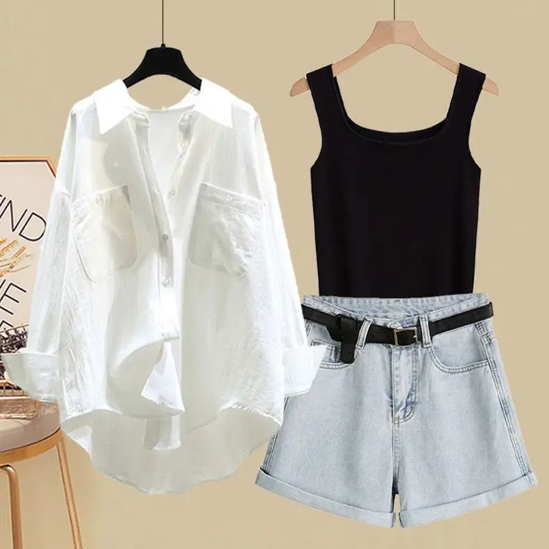Spring and Summer Suit Women's 2023 New Korean Version Sunscreen Shirt Vest Slimming Versatile Denim Shorts Three-piece Set