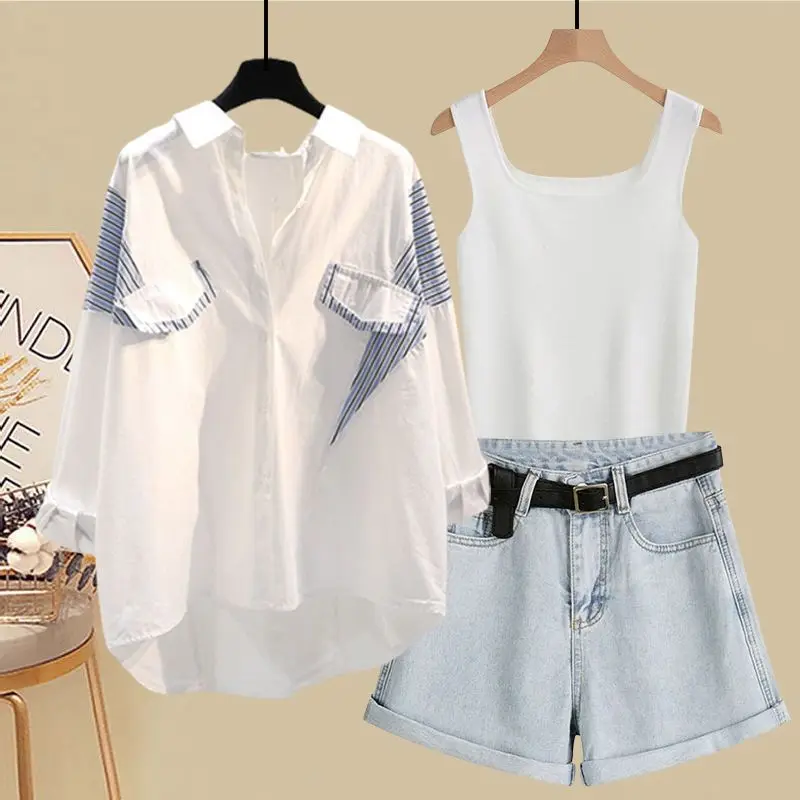 Spring and Summer Suit Women's 2023 New Korean Version Sunscreen Shirt Vest Slimming Versatile Denim Shorts Three-piece Set