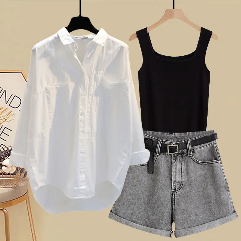 Spring and Summer Suit Women's 2023 New Korean Version Sunscreen Shirt Vest Slimming Versatile Denim Shorts Three-piece Set