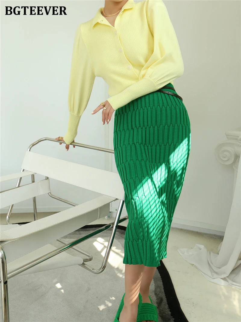 BGTEEVER Elegant High Waist Wrapped Knitted Skirts Women Pencil Skirt Women Slim Fit Zipper Mid-Calf Skirt Office Lady