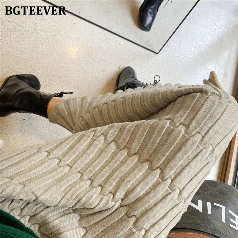 BGTEEVER Elegant High Waist Wrapped Knitted Skirts Women Pencil Skirt Women Slim Fit Zipper Mid-Calf Skirt Office Lady