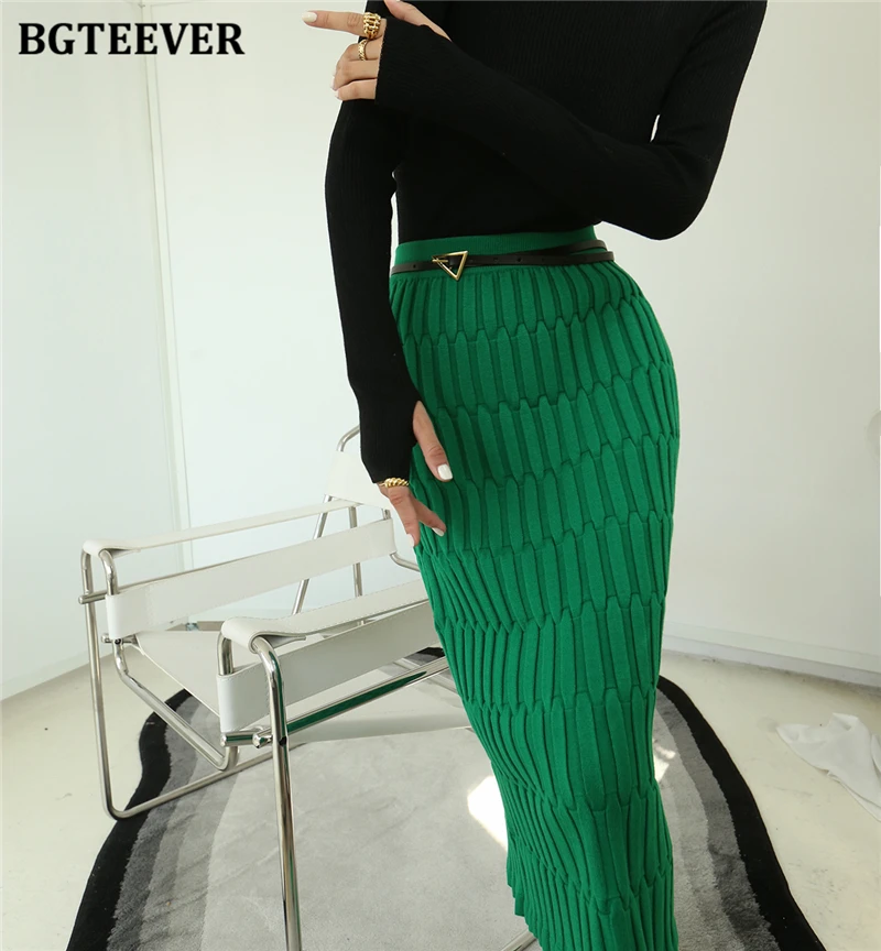 BGTEEVER Elegant High Waist Wrapped Knitted Skirts Women Pencil Skirt Women Slim Fit Zipper Mid-Calf Skirt Office Lady