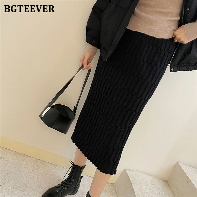 BGTEEVER Elegant High Waist Wrapped Knitted Skirts Women Pencil Skirt Women Slim Fit Zipper Mid-Calf Skirt Office Lady