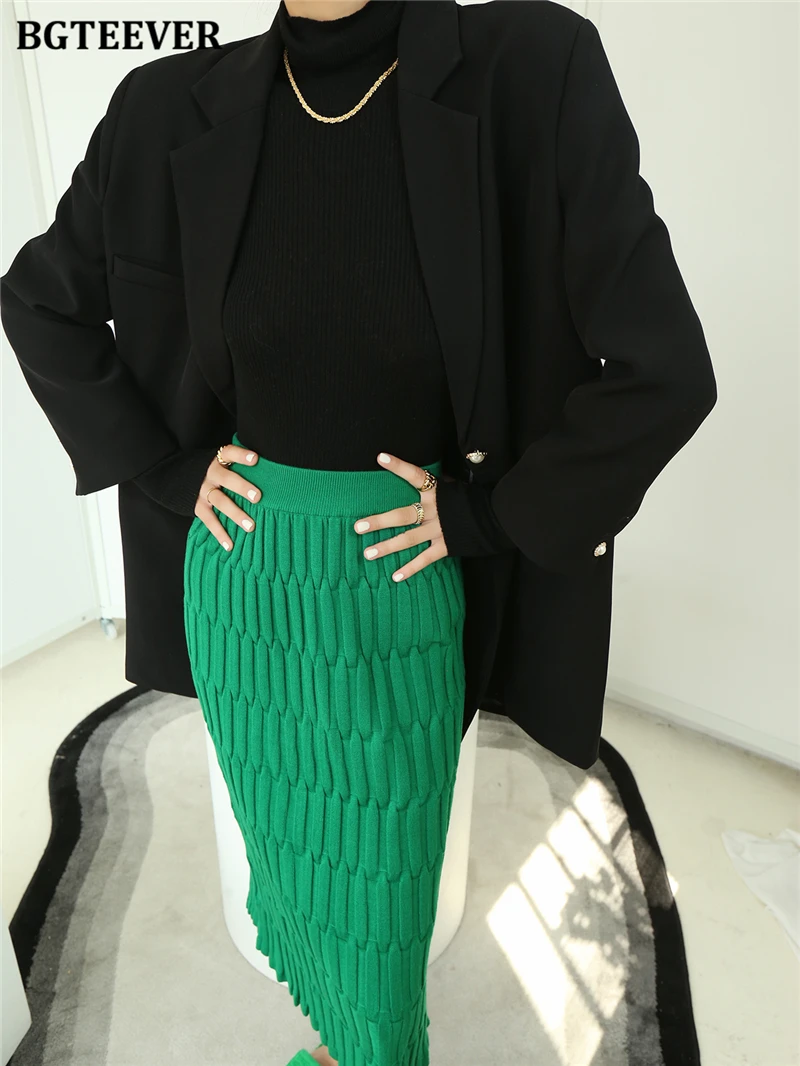 BGTEEVER Elegant High Waist Wrapped Knitted Skirts Women Pencil Skirt Women Slim Fit Zipper Mid-Calf Skirt Office Lady