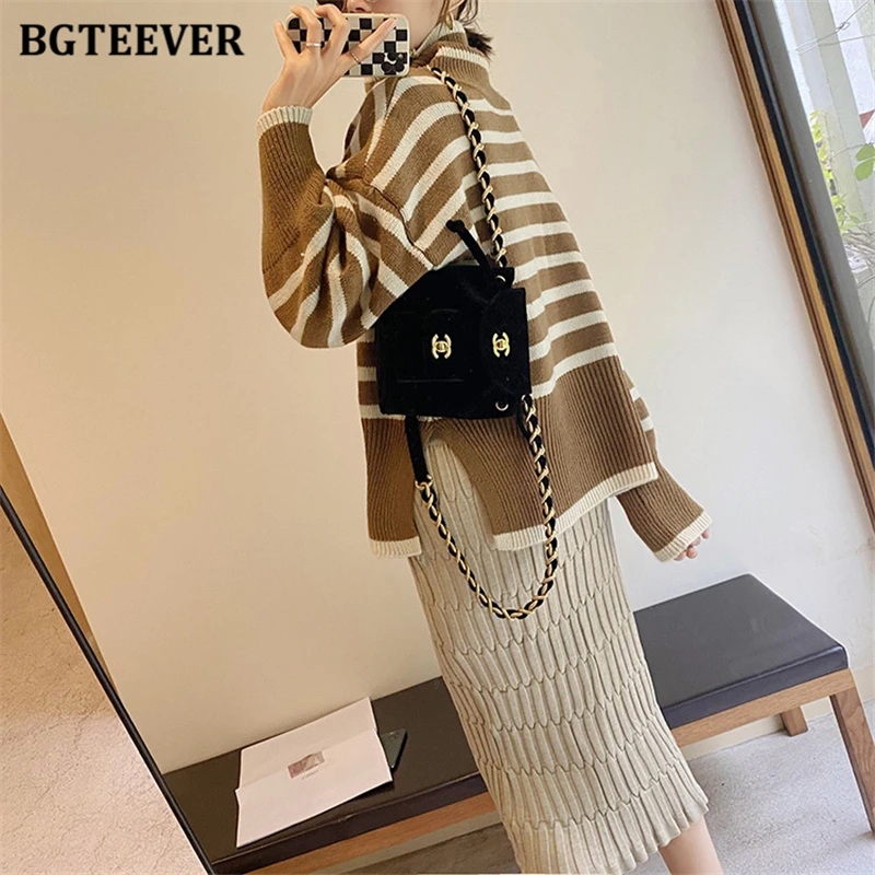 BGTEEVER Elegant High Waist Wrapped Knitted Skirts Women Pencil Skirt Women Slim Fit Zipper Mid-Calf Skirt Office Lady