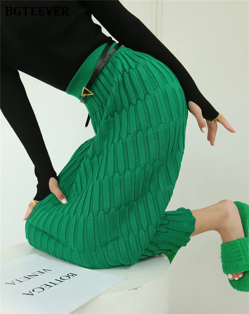 BGTEEVER Elegant High Waist Wrapped Knitted Skirts Women Pencil Skirt Women Slim Fit Zipper Mid-Calf Skirt Office Lady