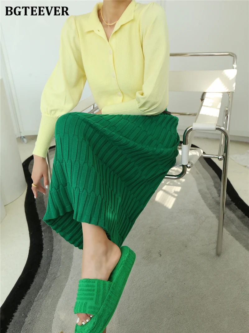 BGTEEVER Elegant High Waist Wrapped Knitted Skirts Women Pencil Skirt Women Slim Fit Zipper Mid-Calf Skirt Office Lady