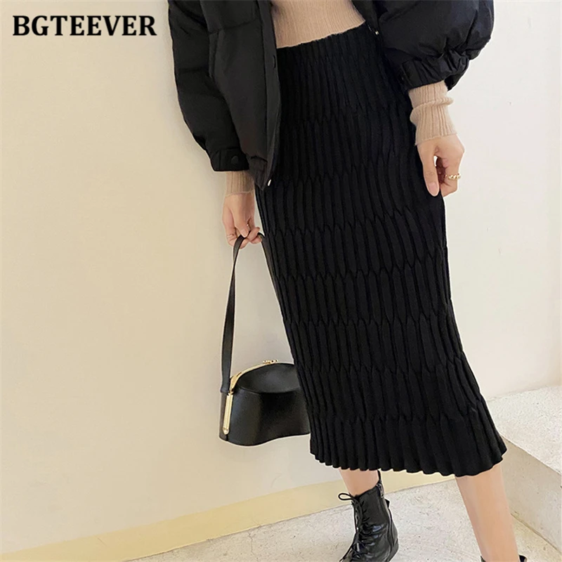 BGTEEVER Elegant High Waist Wrapped Knitted Skirts Women Pencil Skirt Women Slim Fit Zipper Mid-Calf Skirt Office Lady