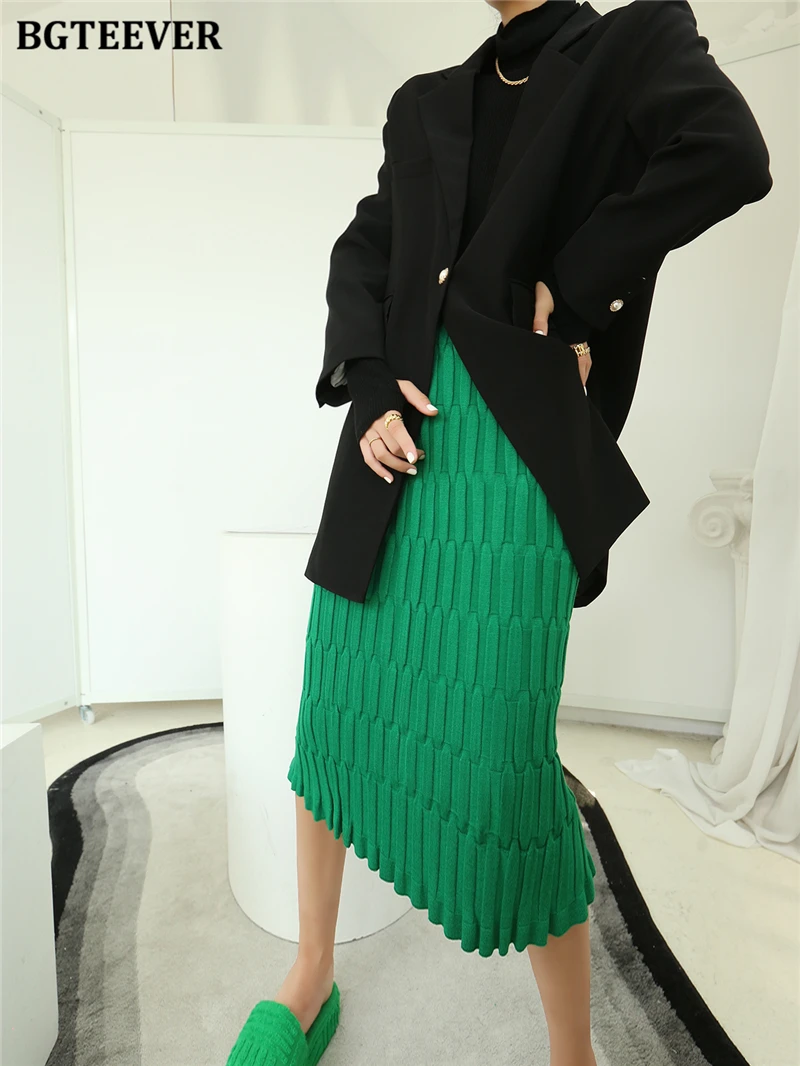 BGTEEVER Elegant High Waist Wrapped Knitted Skirts Women Pencil Skirt Women Slim Fit Zipper Mid-Calf Skirt Office Lady