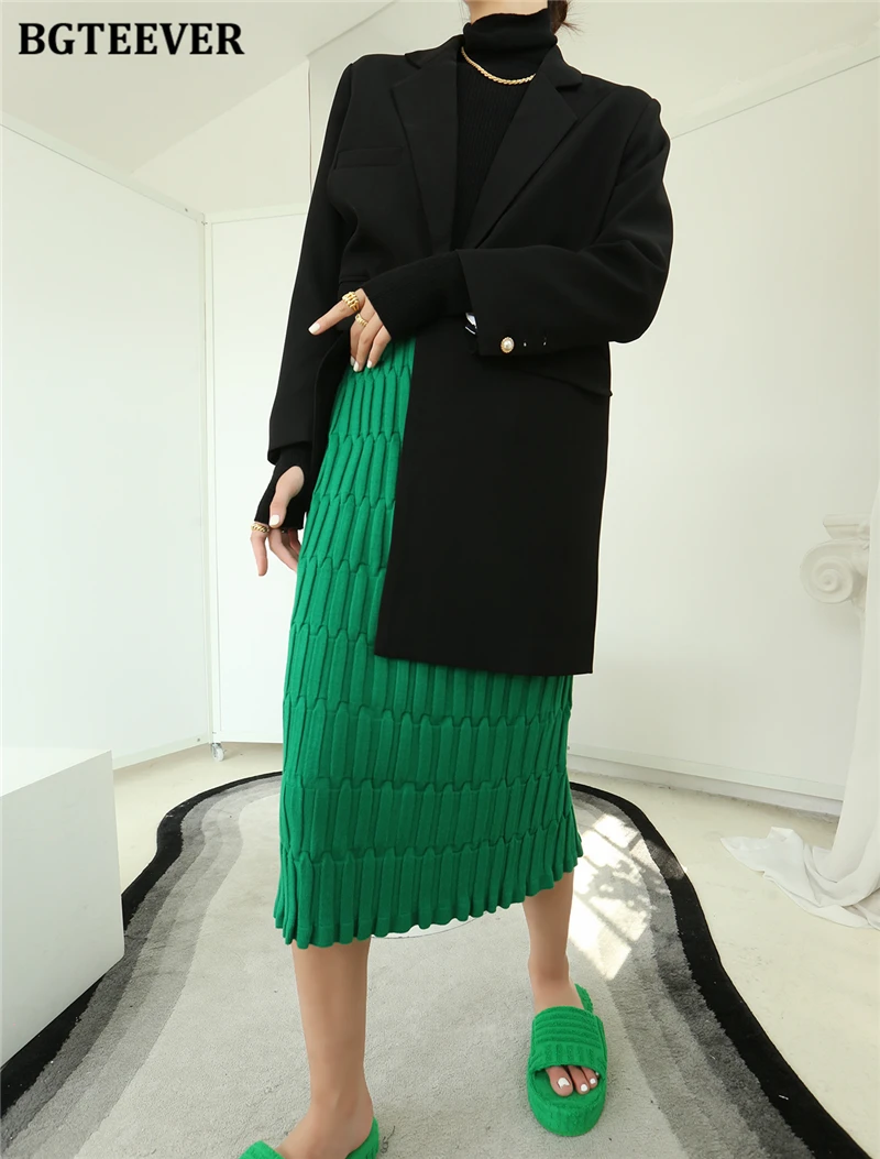 BGTEEVER Elegant High Waist Wrapped Knitted Skirts Women Pencil Skirt Women Slim Fit Zipper Mid-Calf Skirt Office Lady
