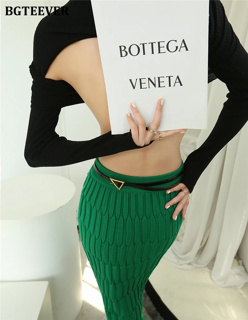 BGTEEVER Elegant High Waist Wrapped Knitted Skirts Women Pencil Skirt Women Slim Fit Zipper Mid-Calf Skirt Office Lady