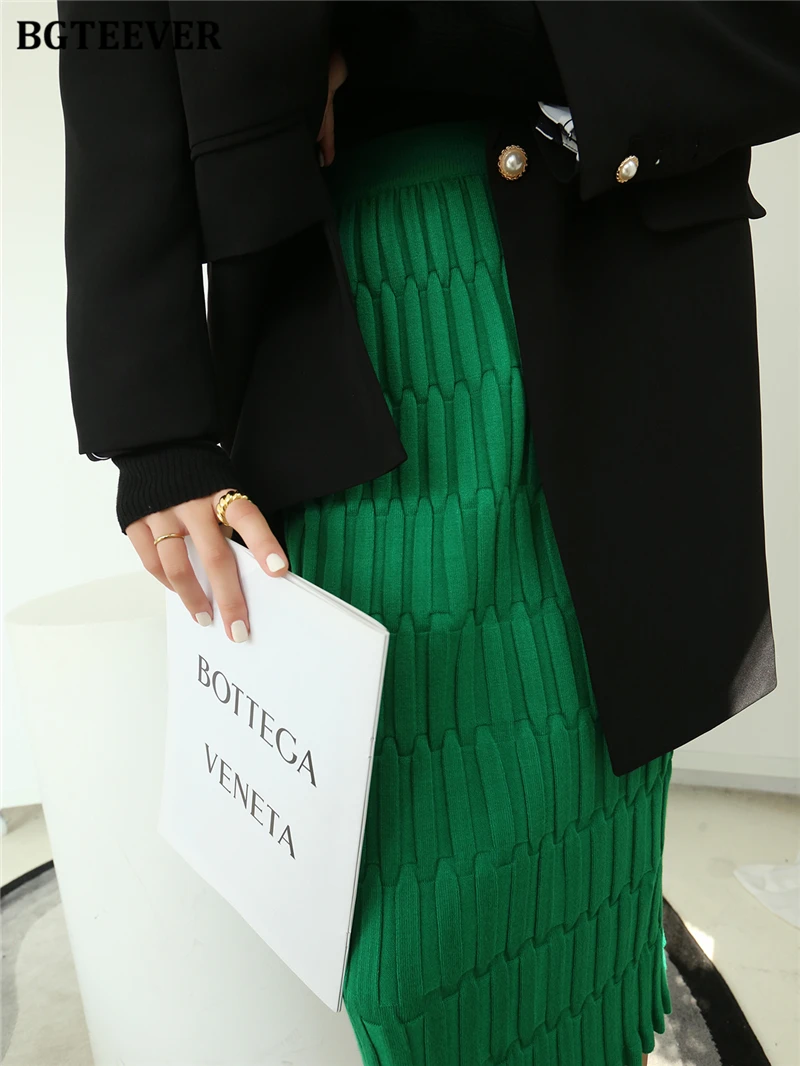 BGTEEVER Elegant High Waist Wrapped Knitted Skirts Women Pencil Skirt Women Slim Fit Zipper Mid-Calf Skirt Office Lady