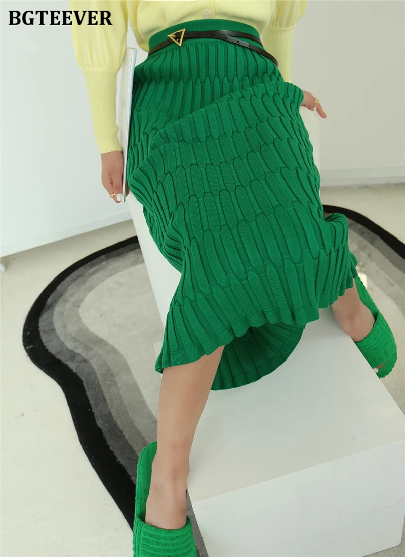 BGTEEVER Elegant High Waist Wrapped Knitted Skirts Women Pencil Skirt Women Slim Fit Zipper Mid-Calf Skirt Office Lady