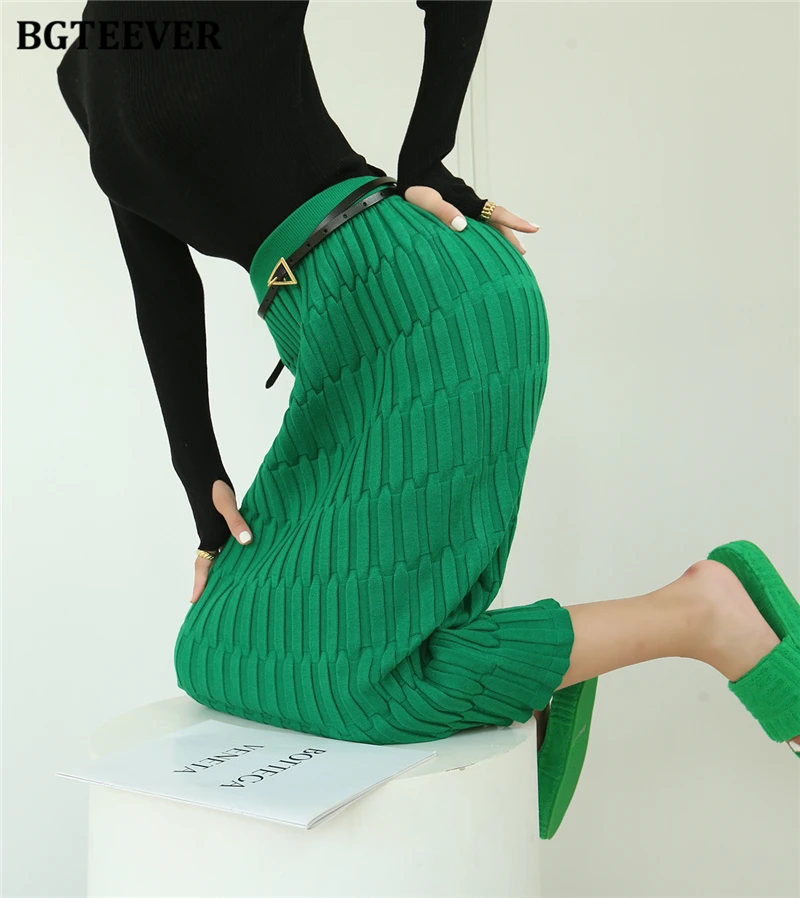 BGTEEVER Elegant High Waist Wrapped Knitted Skirts Women Pencil Skirt Women Slim Fit Zipper Mid-Calf Skirt Office Lady