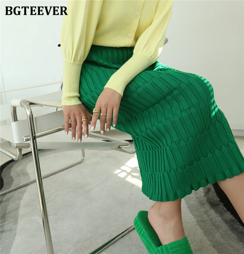 BGTEEVER Elegant High Waist Wrapped Knitted Skirts Women Pencil Skirt Women Slim Fit Zipper Mid-Calf Skirt Office Lady