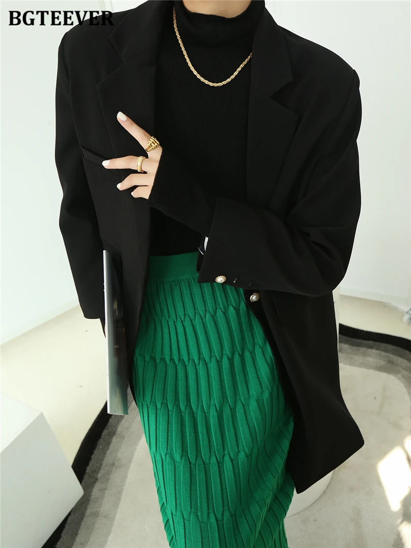BGTEEVER Elegant High Waist Wrapped Knitted Skirts Women Pencil Skirt Women Slim Fit Zipper Mid-Calf Skirt Office Lady