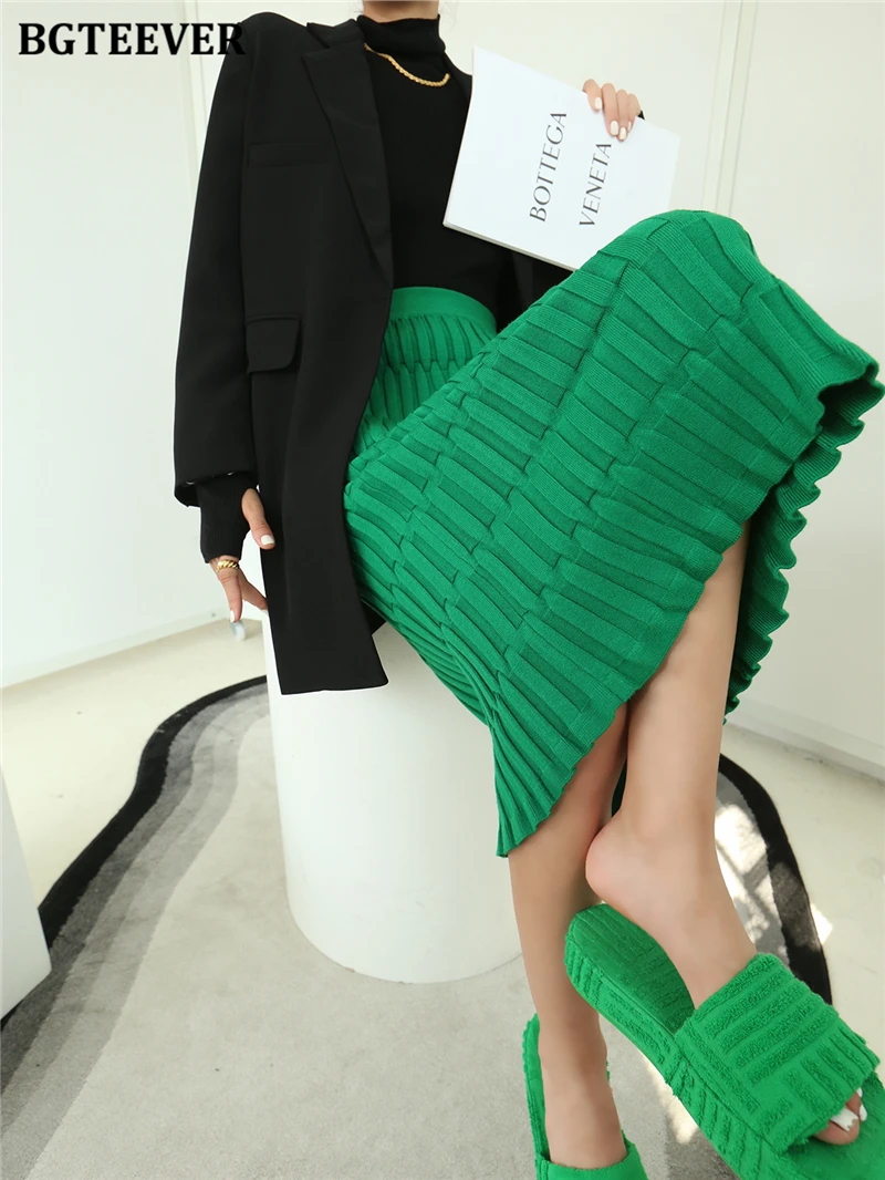 BGTEEVER Elegant High Waist Wrapped Knitted Skirts Women Pencil Skirt Women Slim Fit Zipper Mid-Calf Skirt Office Lady
