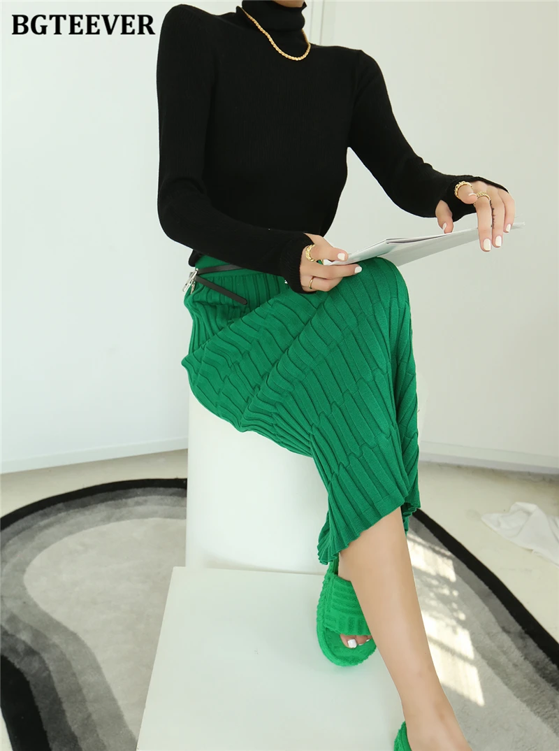 BGTEEVER Elegant High Waist Wrapped Knitted Skirts Women Pencil Skirt Women Slim Fit Zipper Mid-Calf Skirt Office Lady