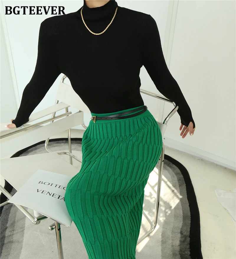 BGTEEVER Elegant High Waist Wrapped Knitted Skirts Women Pencil Skirt Women Slim Fit Zipper Mid-Calf Skirt Office Lady