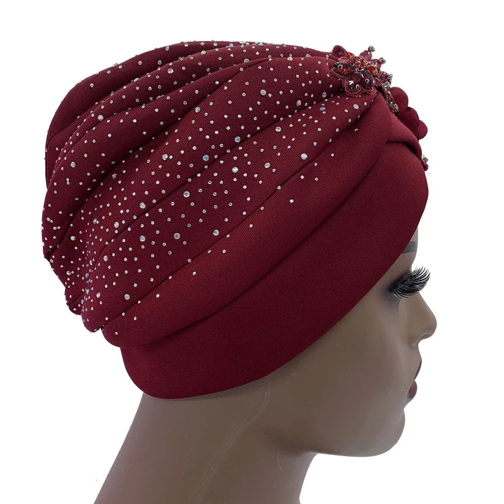 2024 Luxury Rhinestone Turban Cap for Women Afrcian Geles Headtie Ready Nigeria Auto Gele Female Head Wraps Bonnet Turbante