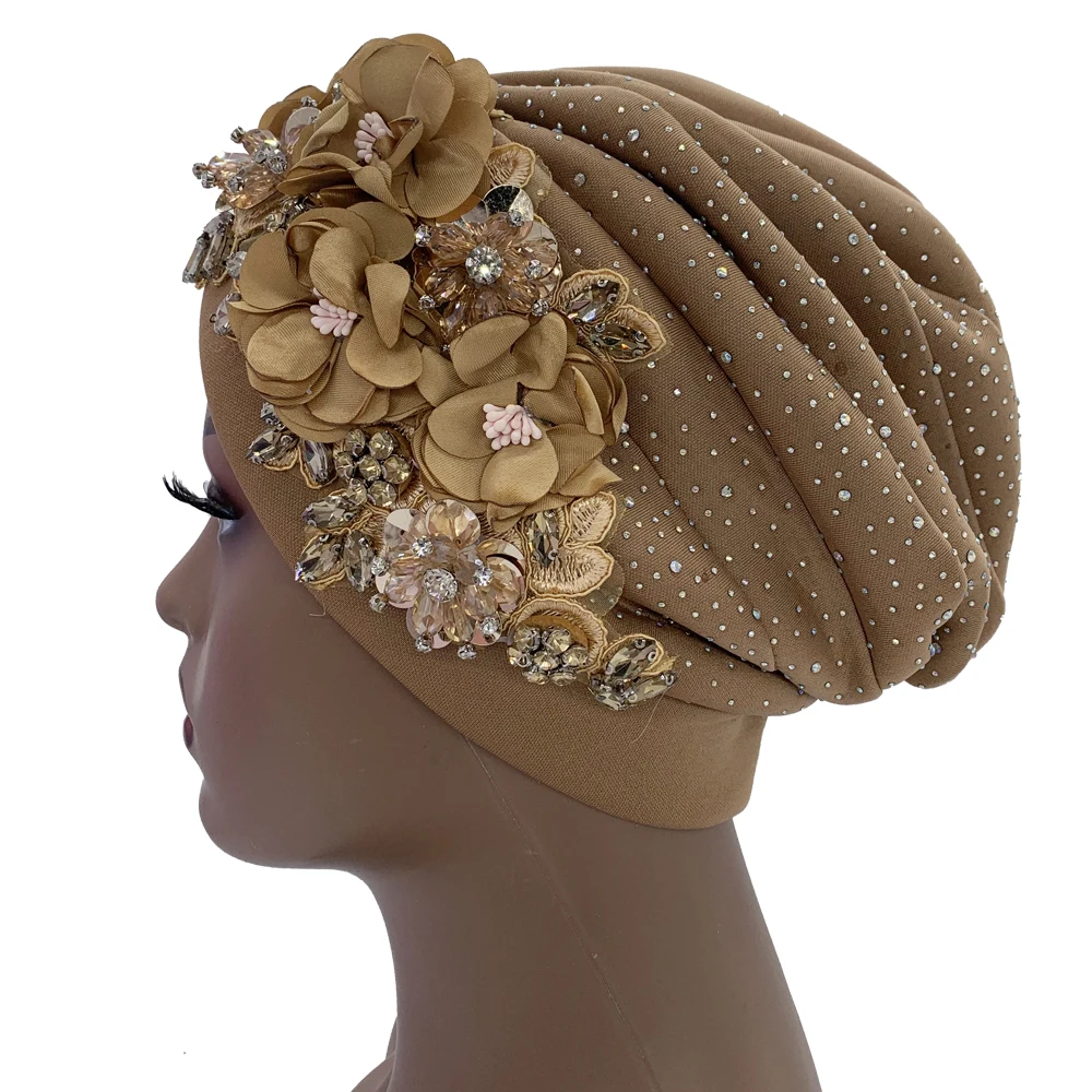 2024 Luxury Rhinestone Turban Cap for Women Afrcian Geles Headtie Ready Nigeria Auto Gele Female Head Wraps Bonnet Turbante