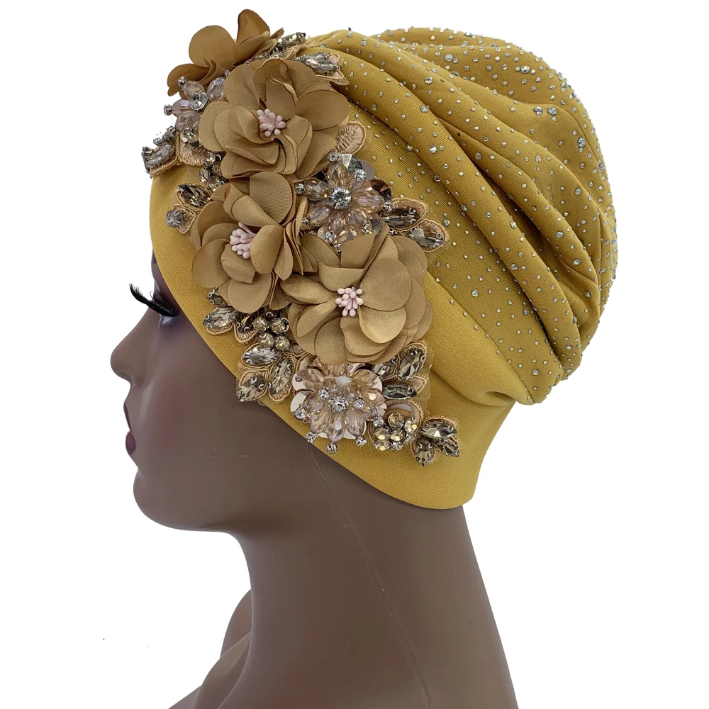2024 Luxury Rhinestone Turban Cap for Women Afrcian Geles Headtie Ready Nigeria Auto Gele Female Head Wraps Bonnet Turbante