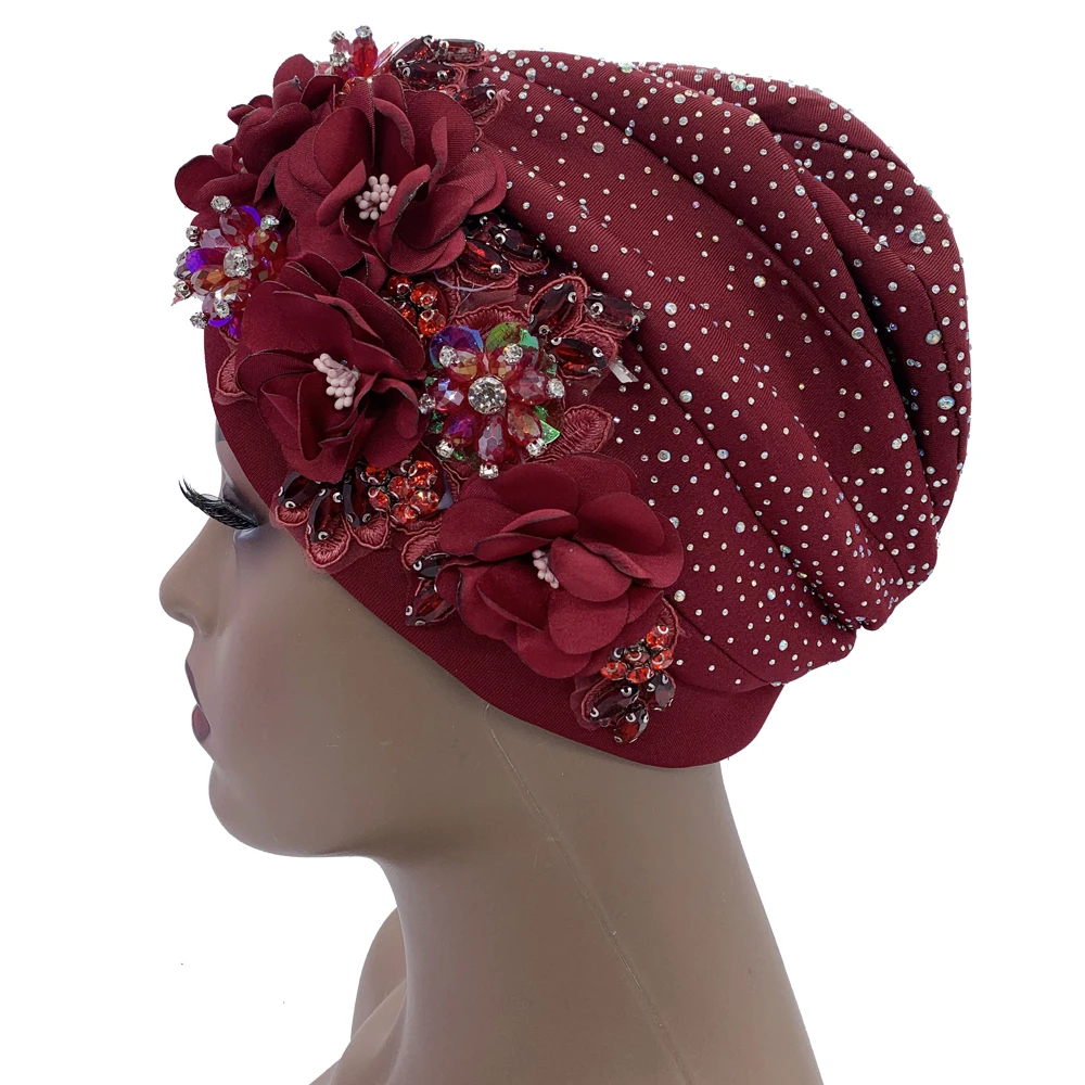 2024 Luxury Rhinestone Turban Cap for Women Afrcian Geles Headtie Ready Nigeria Auto Gele Female Head Wraps Bonnet Turbante