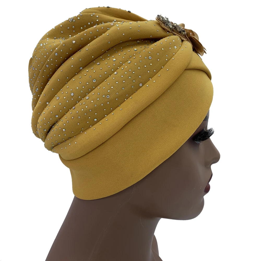 2024 Luxury Rhinestone Turban Cap for Women Afrcian Geles Headtie Ready Nigeria Auto Gele Female Head Wraps Bonnet Turbante