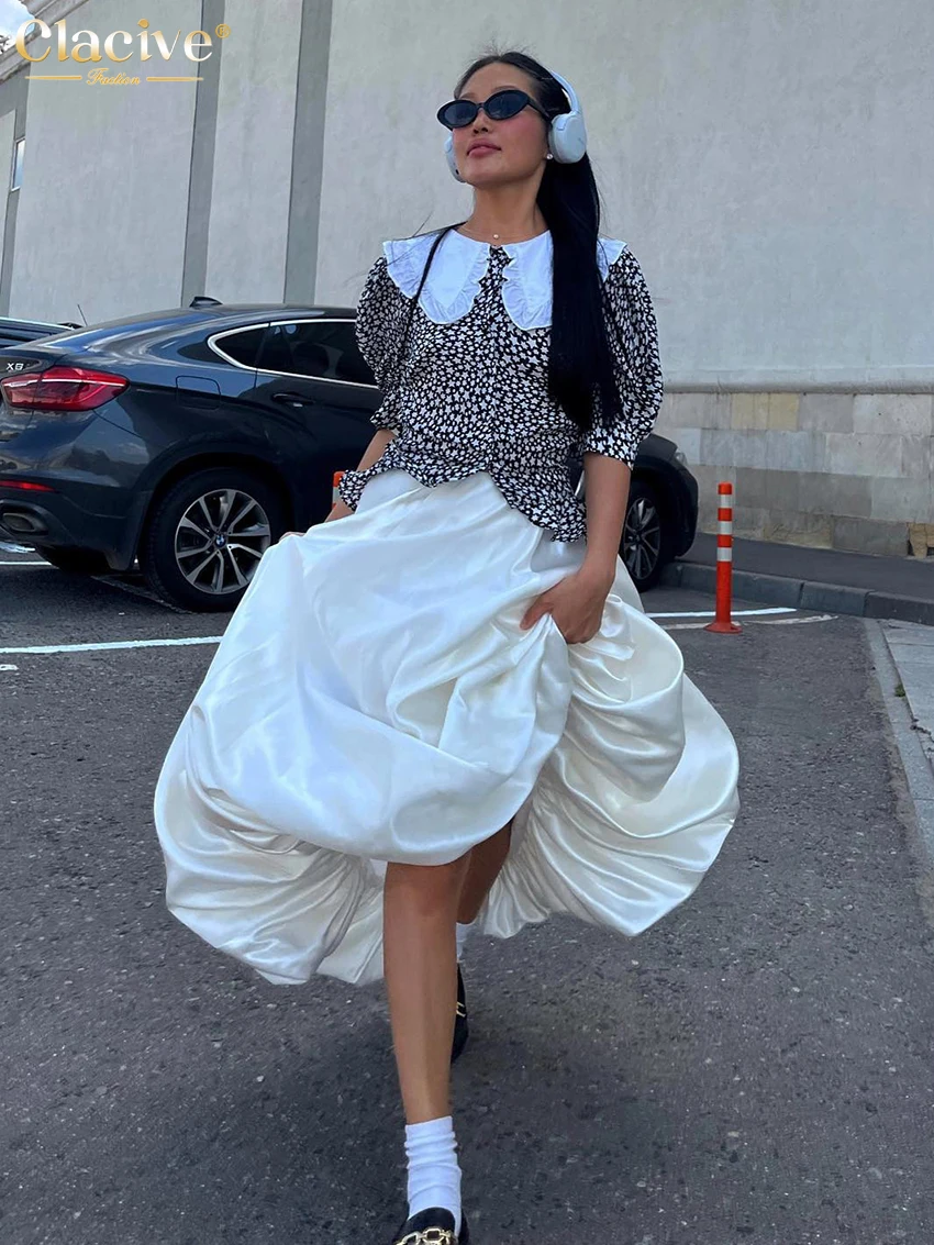Clacive Fashion Beige Satin Skirts For Women Elegant High Waist Office Lady Ankle-Length Skirt Casual Loose Skirt Female Clothes