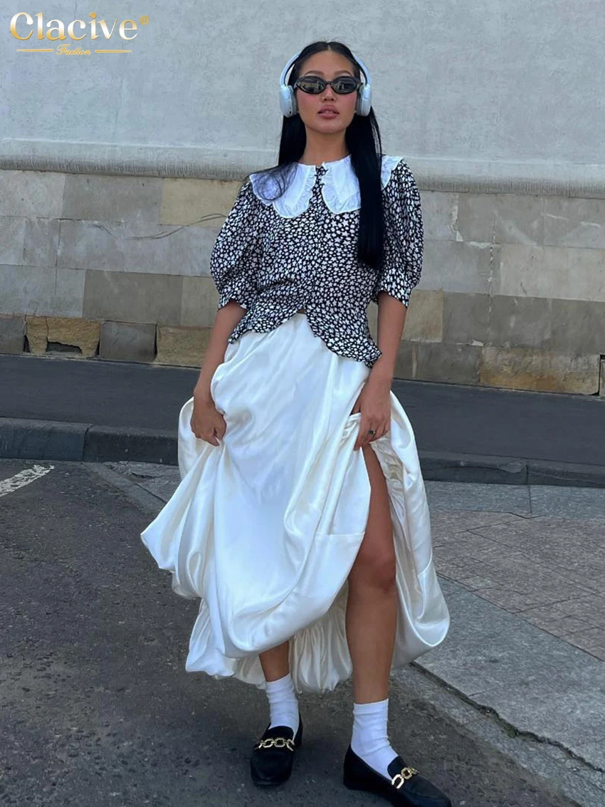Clacive Fashion Beige Satin Skirts For Women Elegant High Waist Office Lady Ankle-Length Skirt Casual Loose Skirt Female Clothes