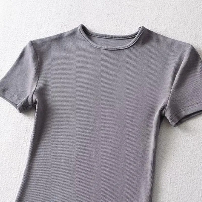 Casual Summer Woman Skinny Fit T-shirt Tight Short-Sleeve O-neck Tee Basic Solid Crop Tops T Shirt