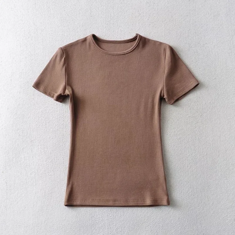 Casual Summer Woman Skinny Fit T-shirt Tight Short-Sleeve O-neck Tee Basic Solid Crop Tops T Shirt