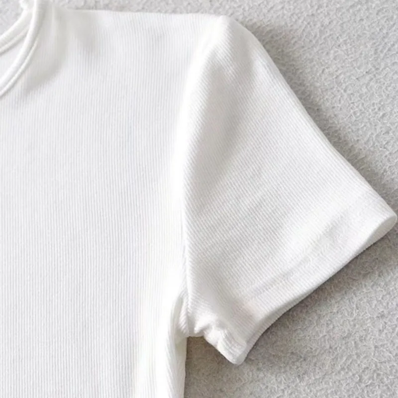Casual Summer Woman Skinny Fit T-shirt Tight Short-Sleeve O-neck Tee Basic Solid Crop Tops T Shirt