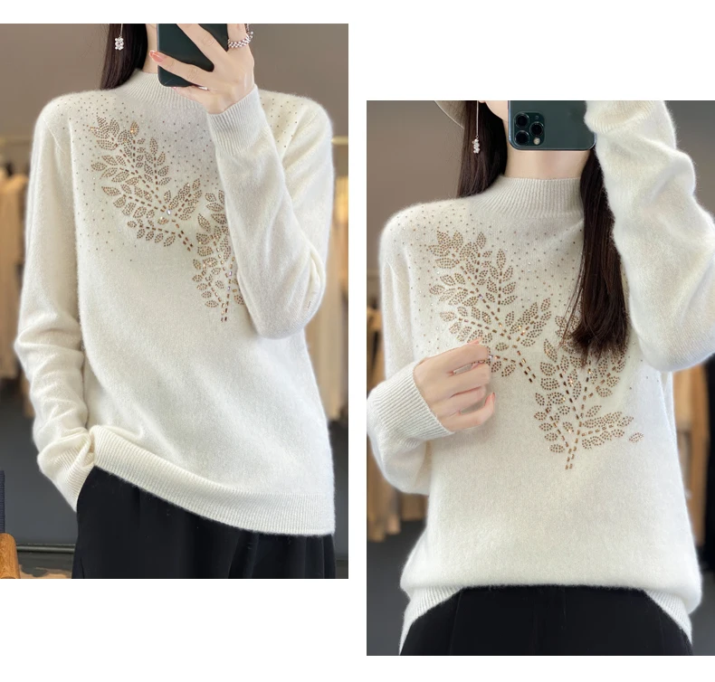 Women Autumn Winter Pure Wool Thickening Sweater Half-high Collar Leaf studded With Diamonds Pullover Female Knitted Basis Top